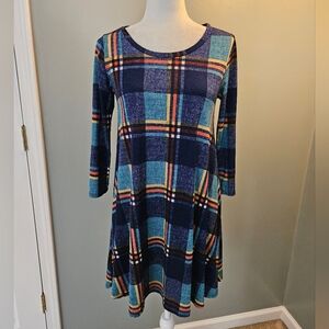Blue, Orange, Yellow Plaid A-Line Dress with 3/4 Sleeves Pockets Women's Small S